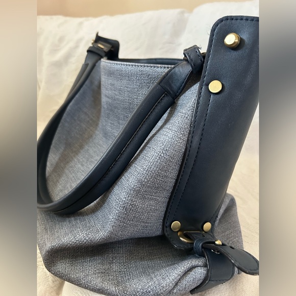 Anthropologie Blue Fabric and Leather Look Handbag with Metal Detail - Picture 8 of 9